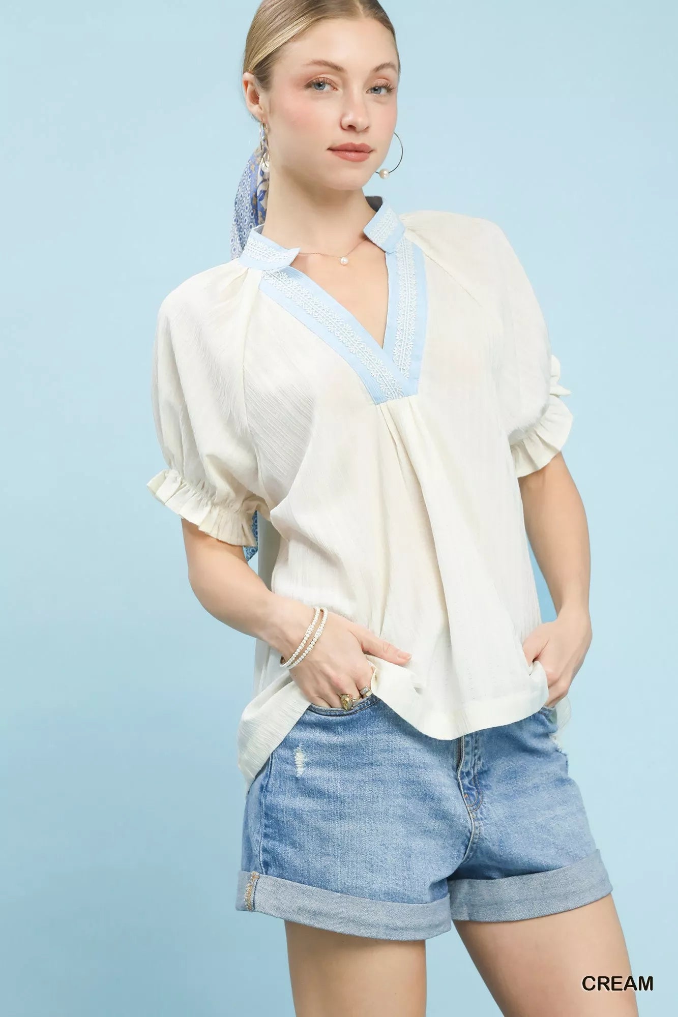 Textured V-Neck Top with Lace Trim Details