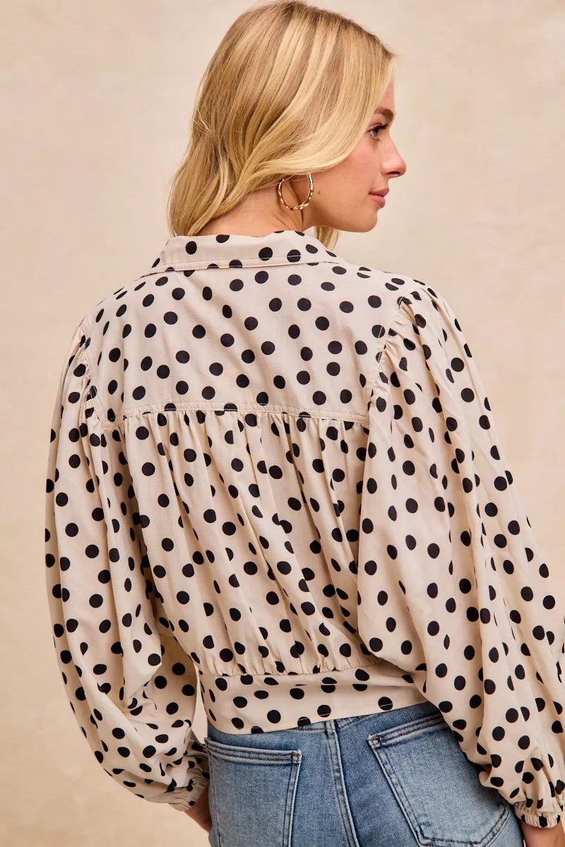 Polka Dot Print Tie Hem Detail Crop Shirt