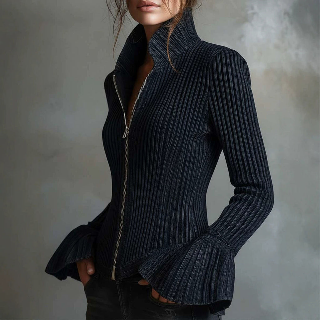 Women's Slim-Fit Rib-Knit Zip-Up Top with Flared Cuffs