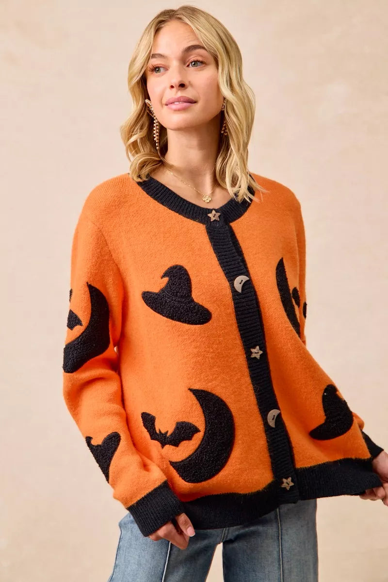 Halloween Witch Hat Moon Bat Artwork Cardigan