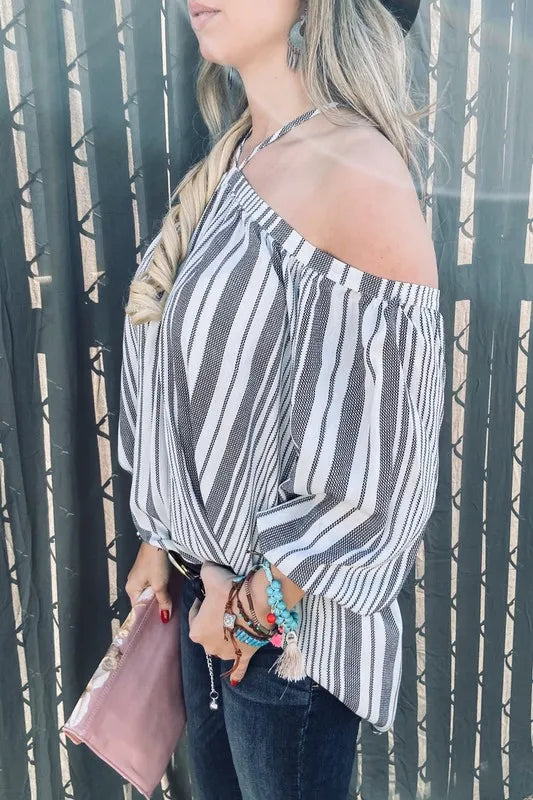 Stripe Printed Cold Shoulder Halter Neck Top