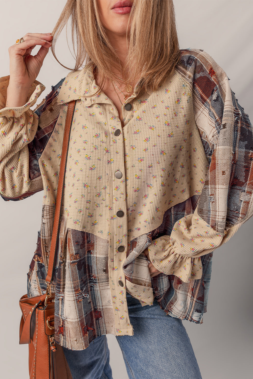 Boho Floral Plaid Patchwork Distressed Detail Ruffled Sleeve Waffle Knit Shacket