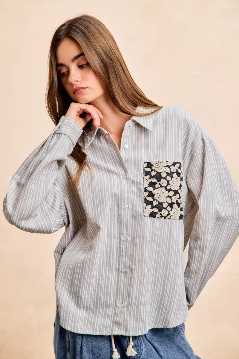 Flower Jacquard Knit Patch Pocket Stripe Shirt