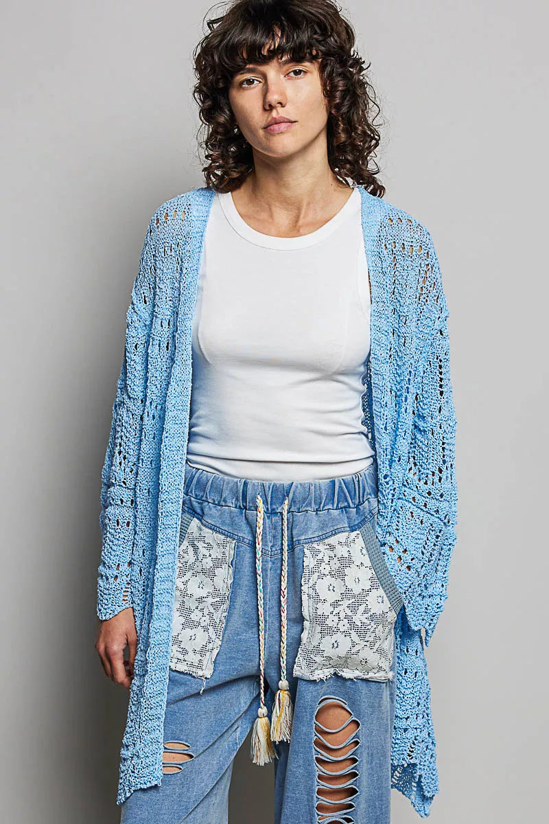 Openwork Lightweight Open Front Cardigan with Scalloped Edge
