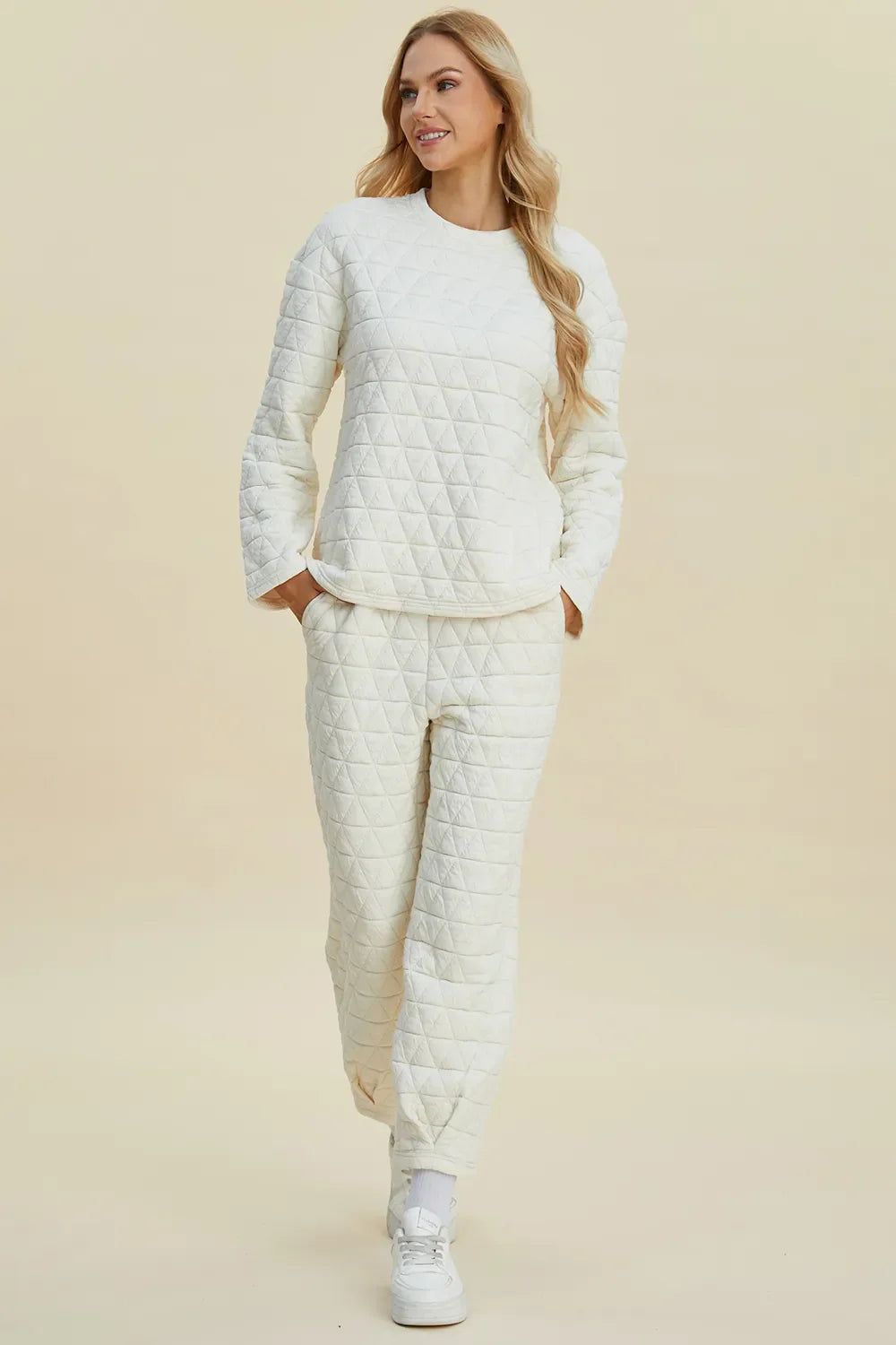 I am a Fashion junky Full Size Texture Round Neck Long Sleeve Top and Pants Set