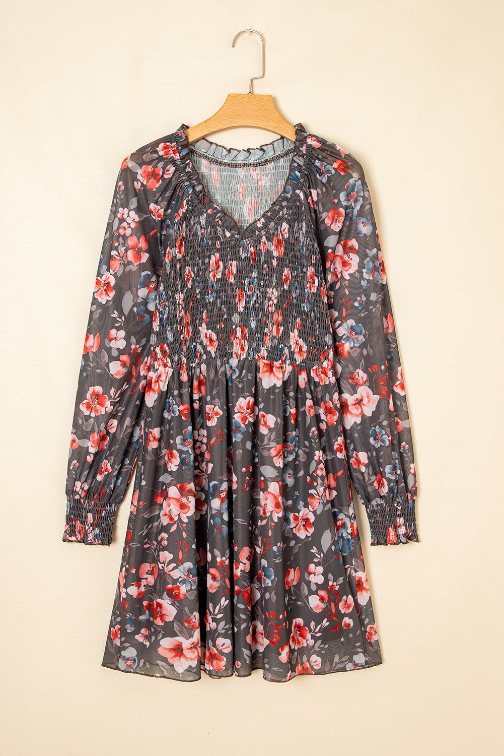 Brown Frilly Smocked Bodice Floral Mesh Long Sleeve Mini Dress