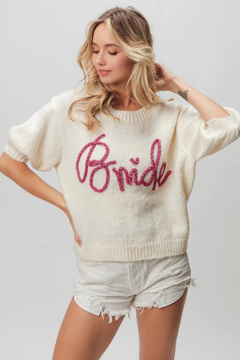Metallic Letter Short Puff Sleeve Hairy Sweater