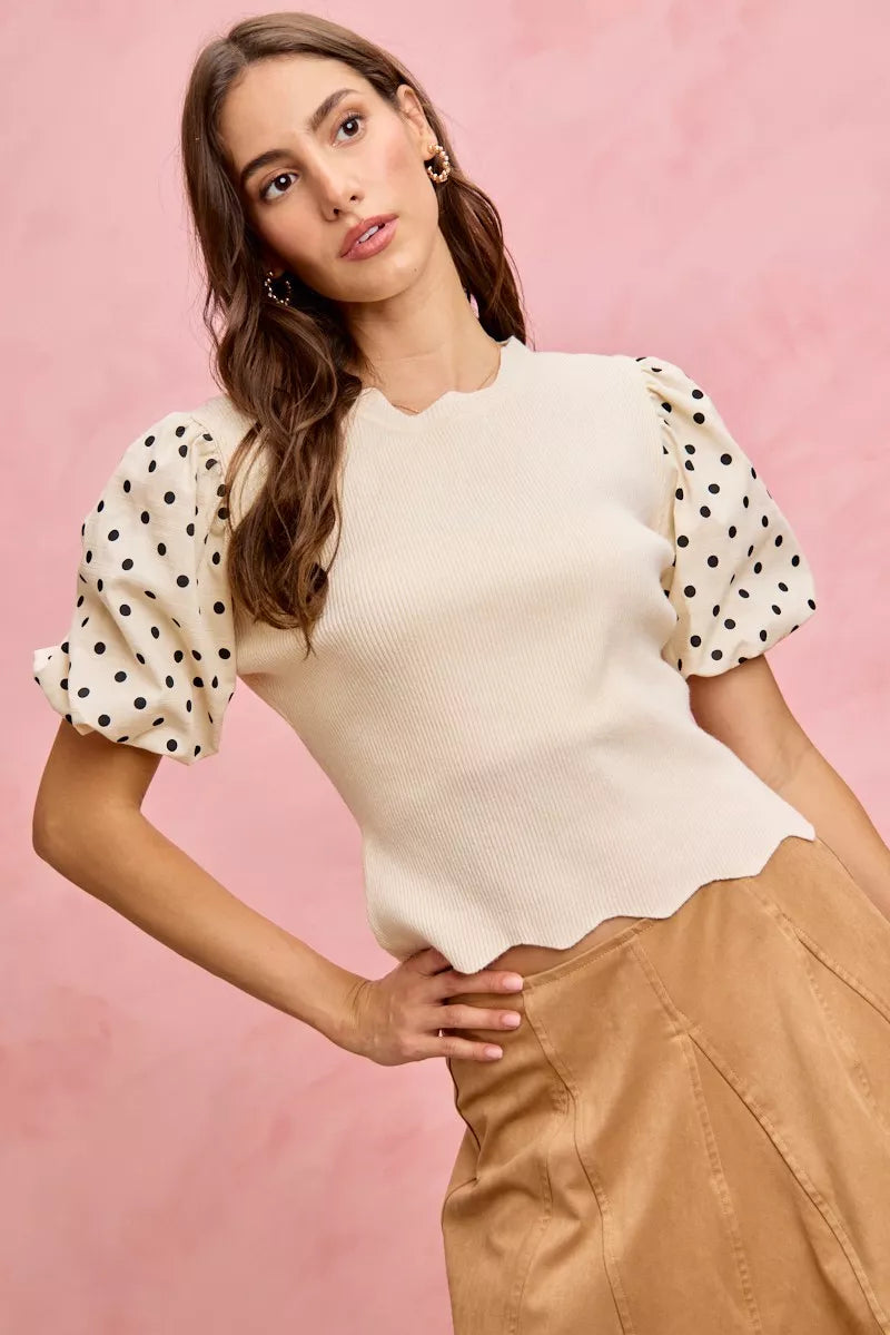 Polka Dot Contrast Woven Ballon Sleeve Blouse