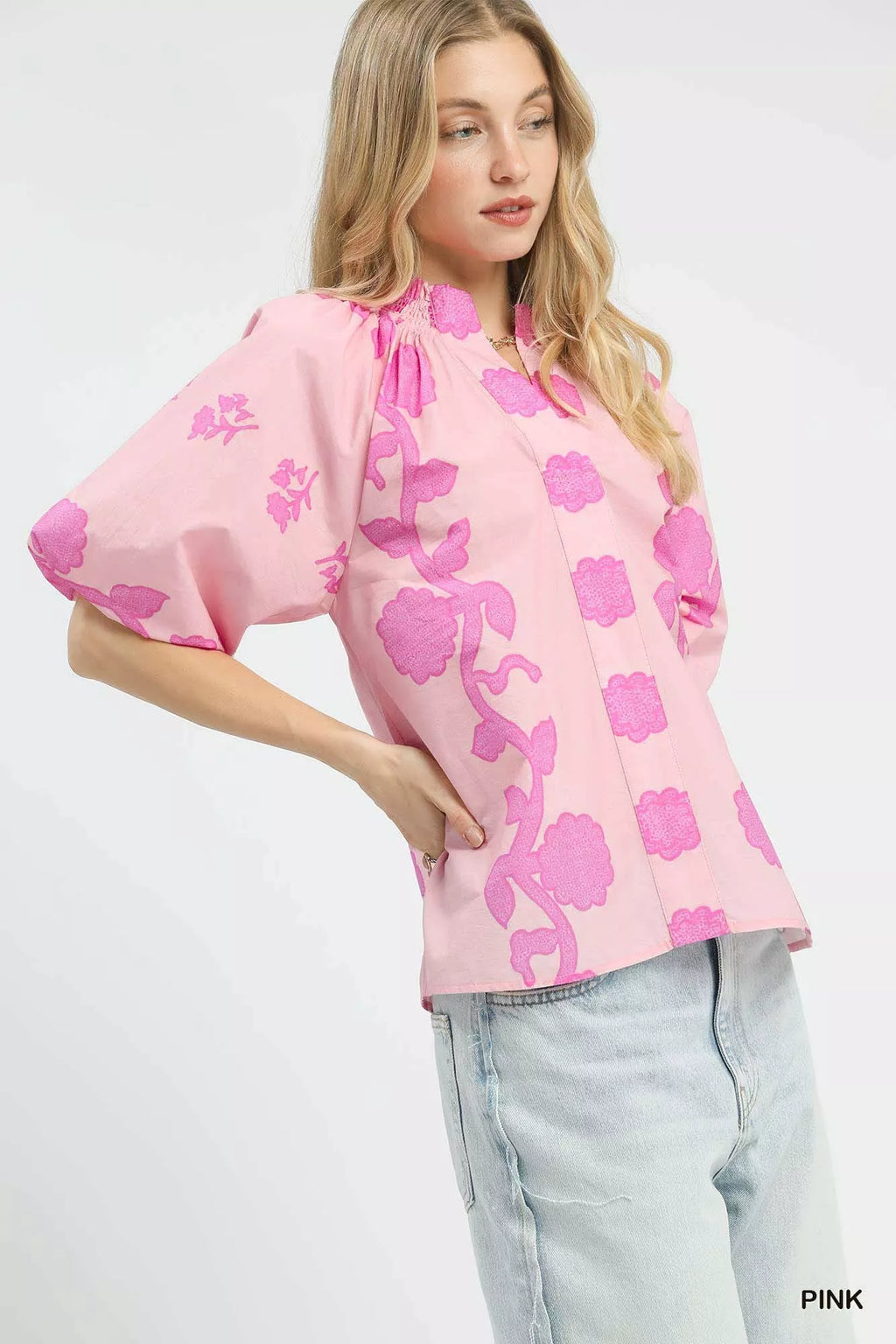 Floral Smocked Notched Puff Sleeve Blouse