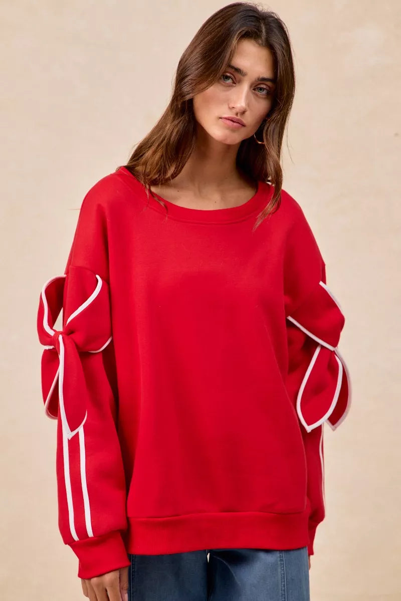 Bow Detail Sleeves Fleece Sweatshirt