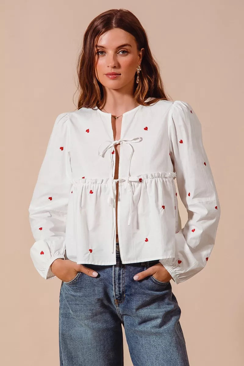 Front Tie Heart Embroidered Blouse With Puff Sleeve