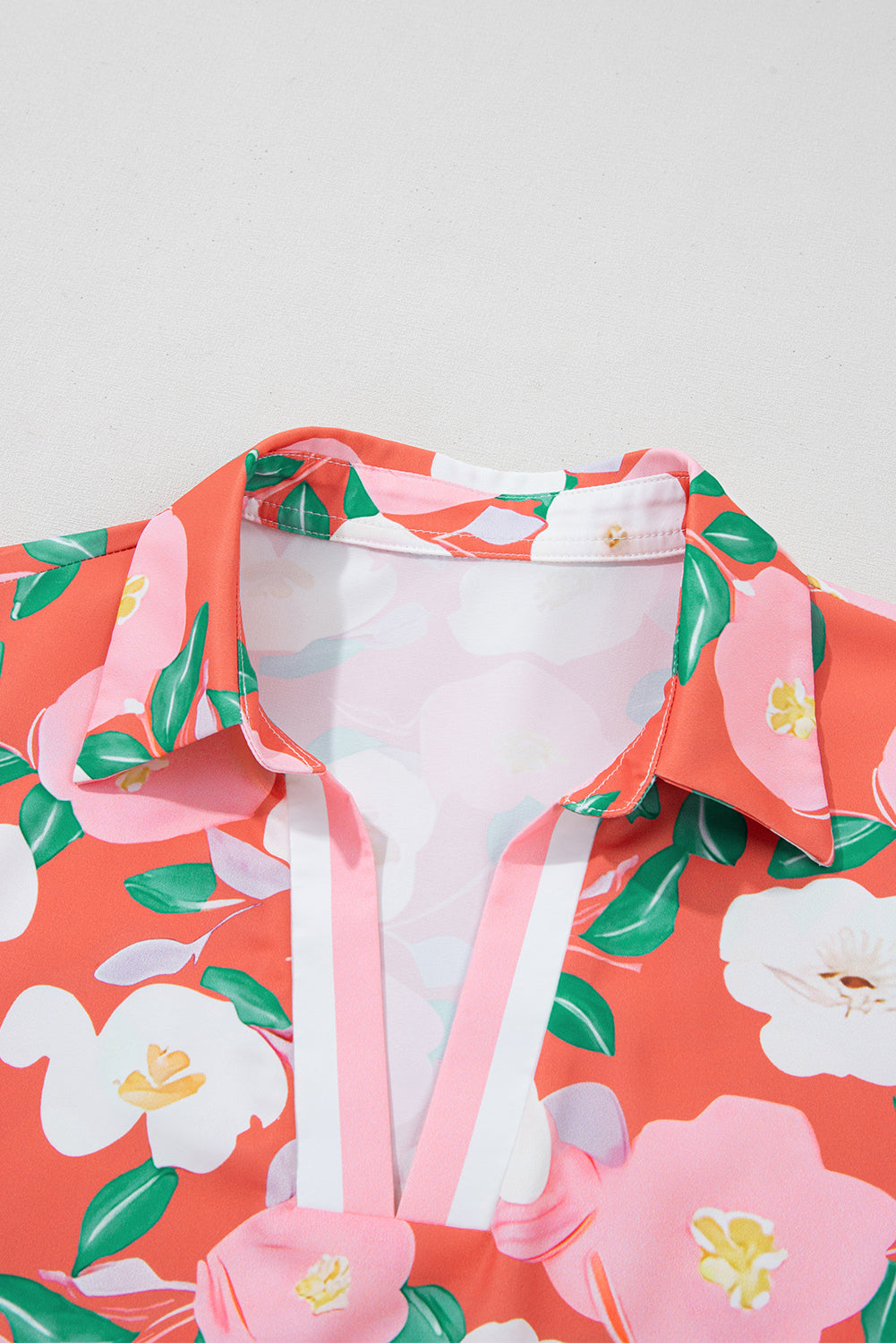 Fresh Salmon Floral Print Contrast Striped Trim Collar T Shirt Dress
