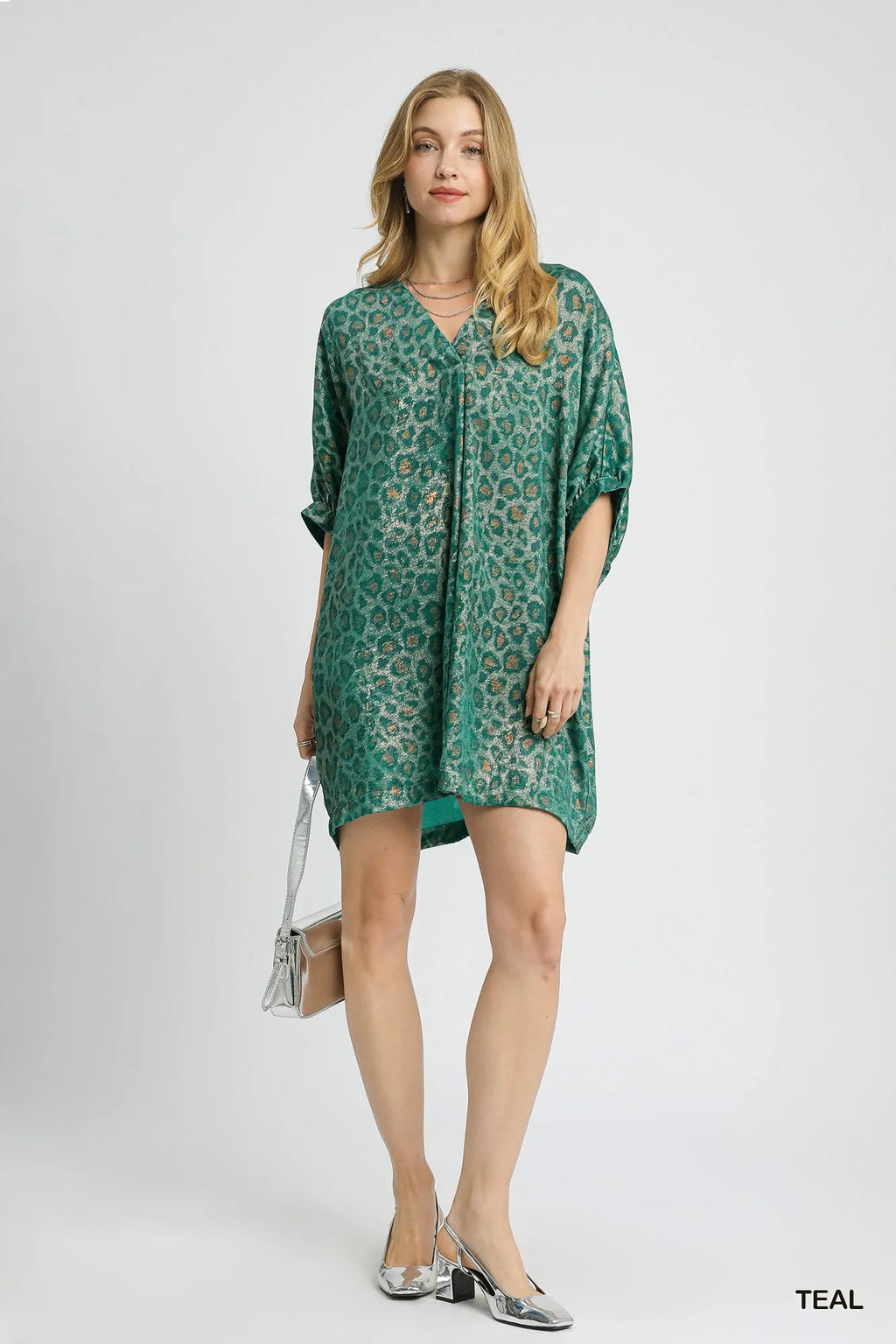 Metallic Leopard Print V-Neck Kimono Dress