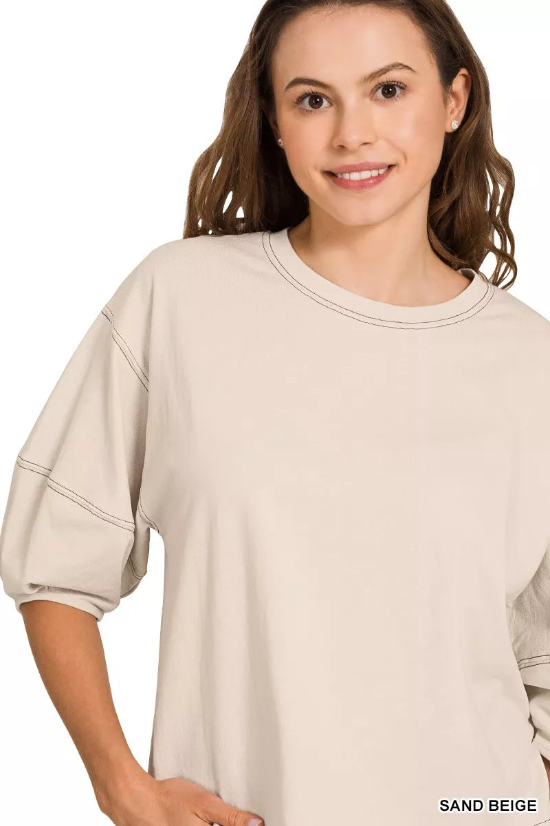 Balloon Sleeve Top with Contrast Stitching