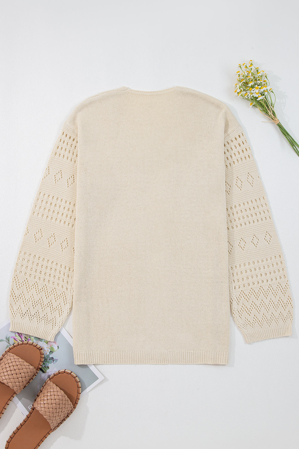Smoke Gray Solid Color Hollowed Knit Open Front Cardigan Sweater