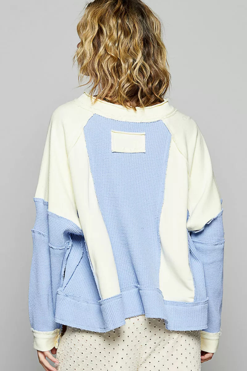 Color Block Waffle Knit Raw Hem Sweatshirt