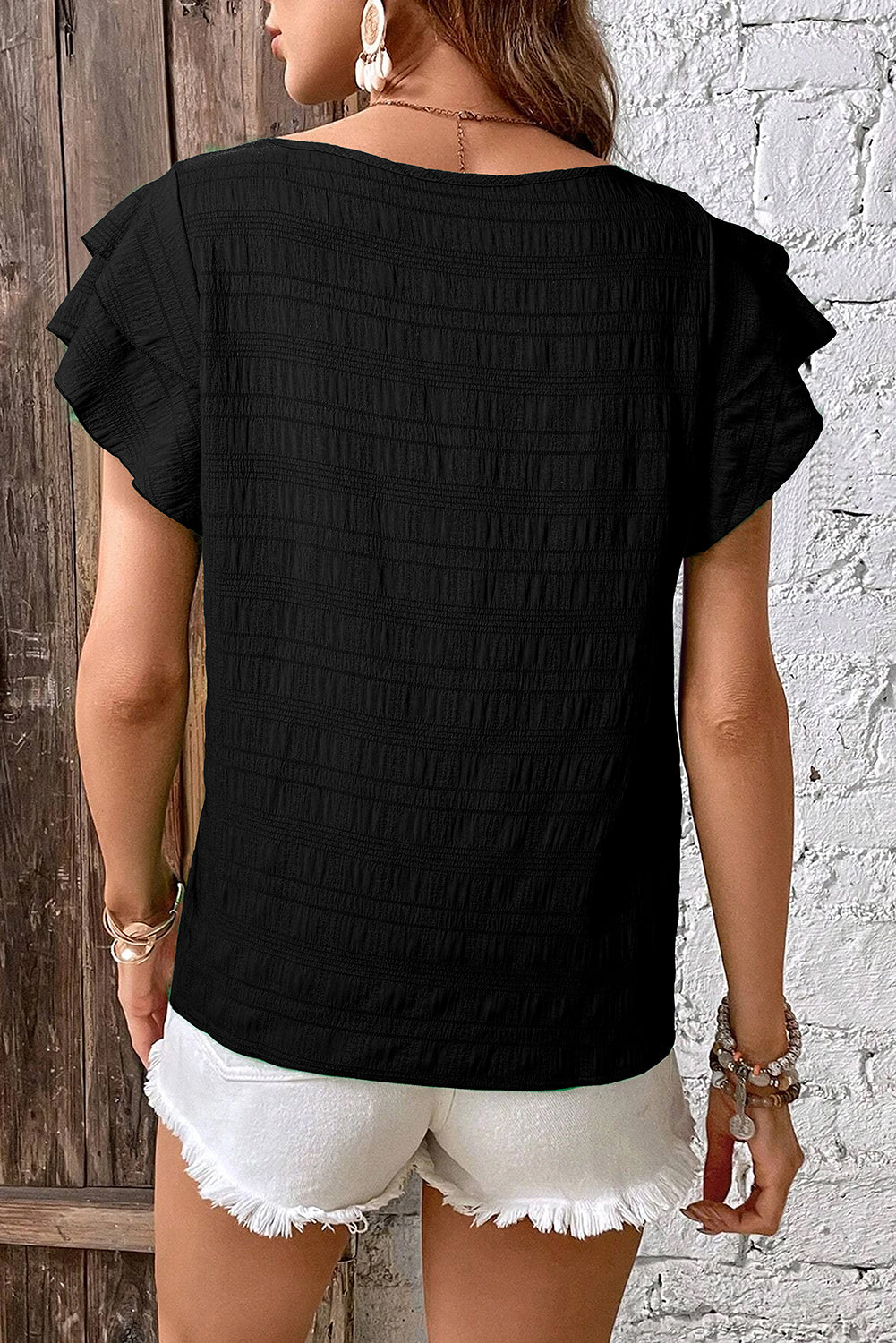 Dark Green Ruffle Sleeve Textured Smocked Blouse