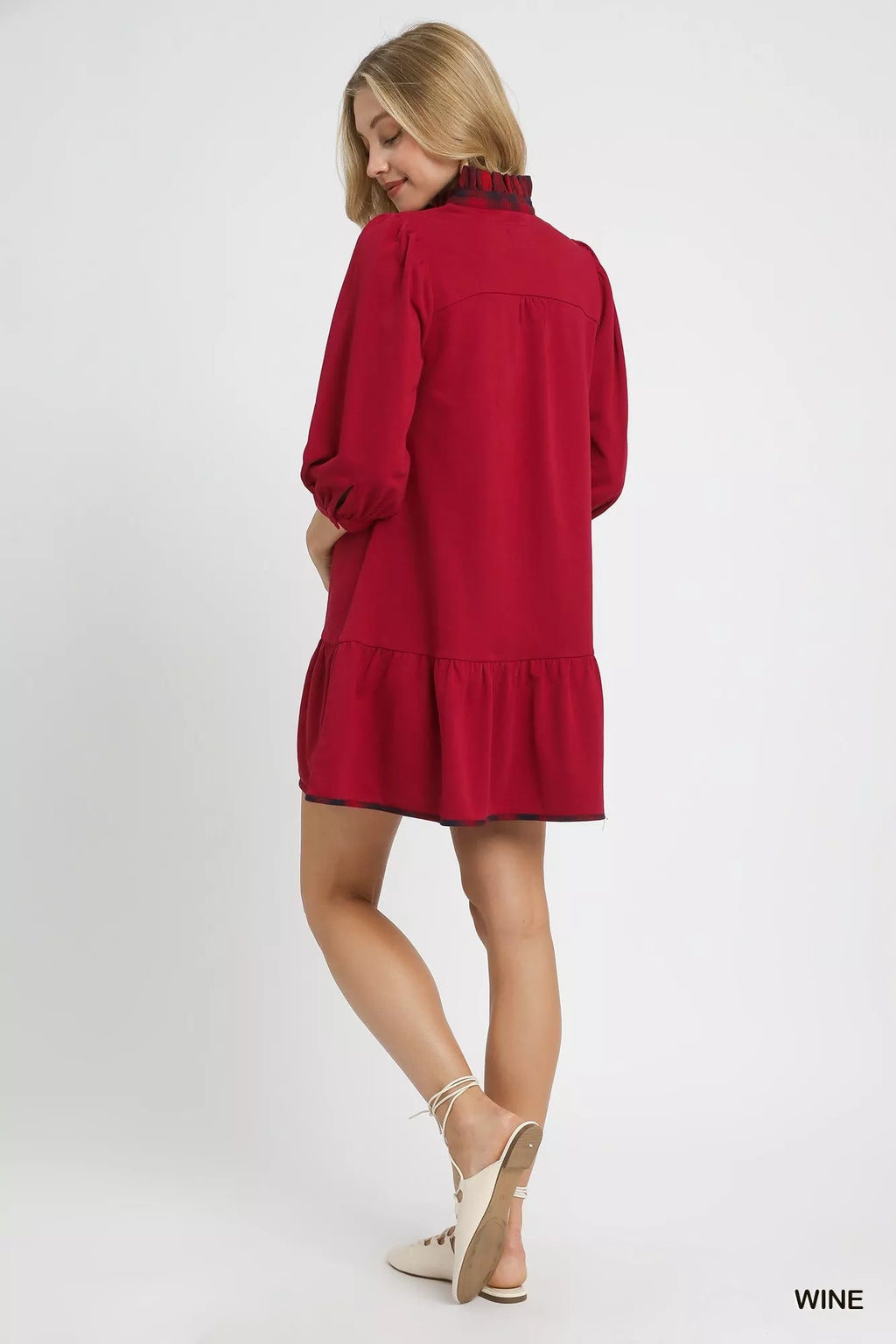 French Terry Ruffle Hem Dress with Plaid Trim