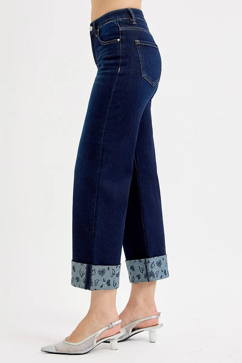 I am a Fashion Junky Full Size Mid Rise Fit Crop Wide With Printed Cuff Jeans Plus Size
