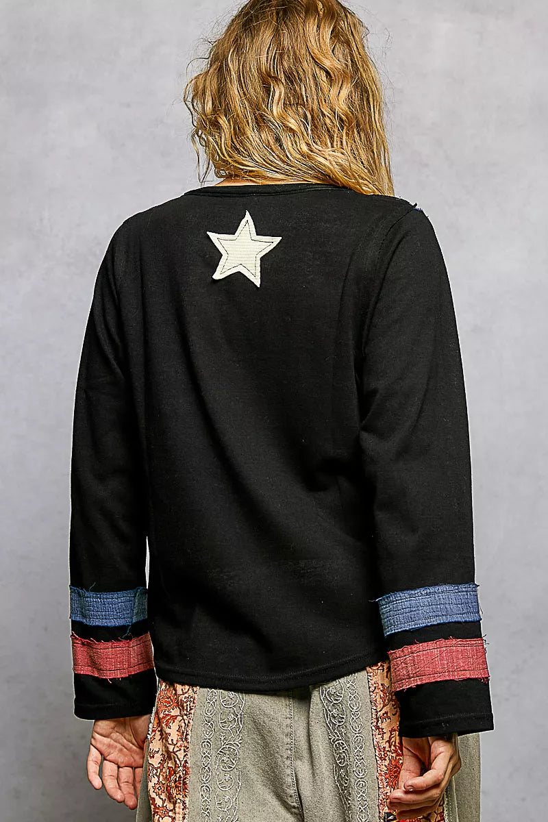 Double Gauze American Flag Patch V-Neck Long Sleeve T-Shirt