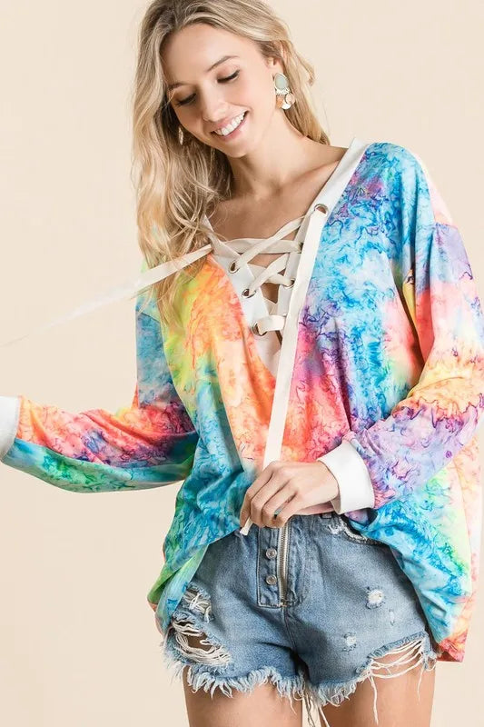 Tie Dye Deep V-neck Top With Lace Up Front