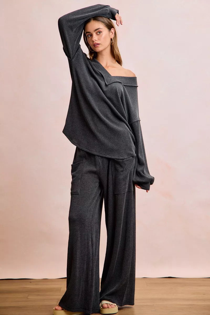 Two Tone Cord Rib Contrast Stitching V-Neck Top and Pants Set