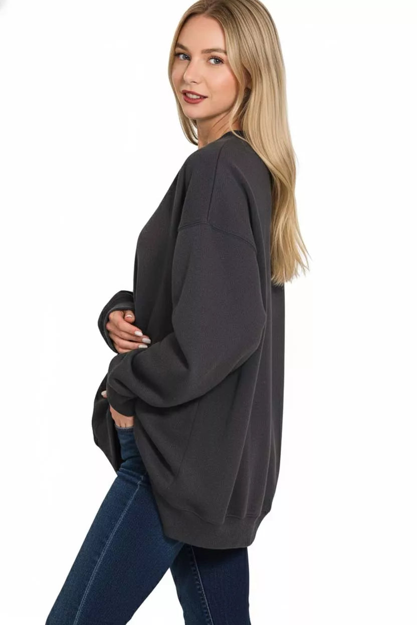 Oversized Round Neck Fleece Tunic Sweatshirt