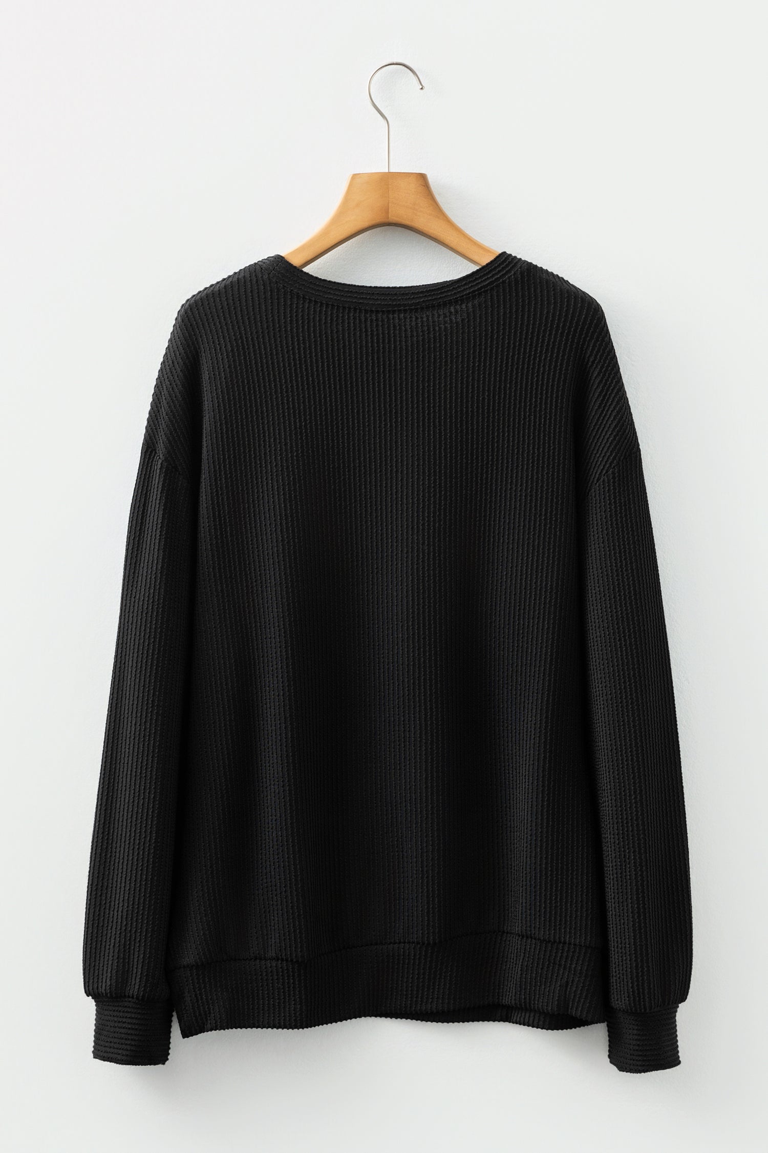 Black Twisted Rib Outlined Merry Letter Graphic Loose Long Sleeve Top