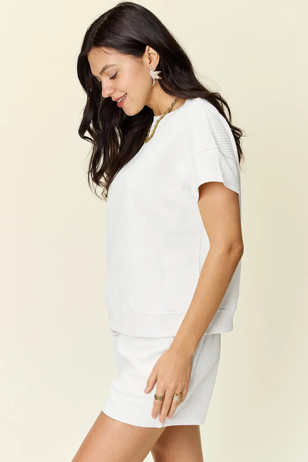 I am a Fashion Junky Full Size Texture Short Sleeve T-Shirt and Drawstring Shorts Set
