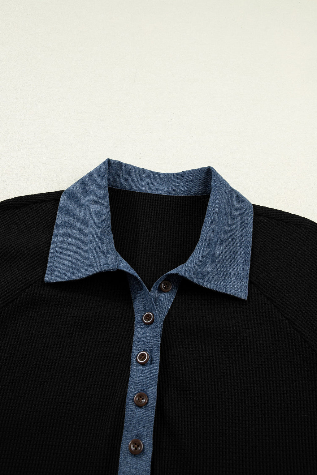 Black Textured Knit Denim Patchwork Button Collar Long Sleeve Top