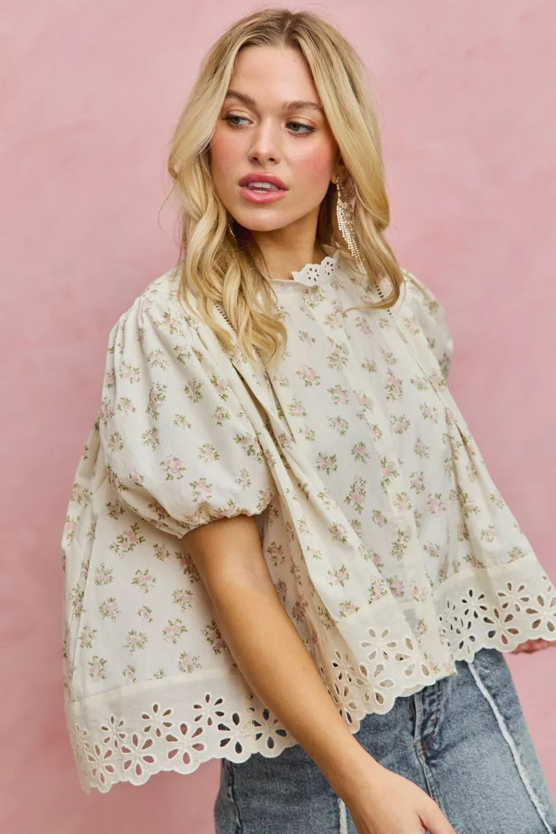 Floral Print Lace Trim Short Sleeves Blouse