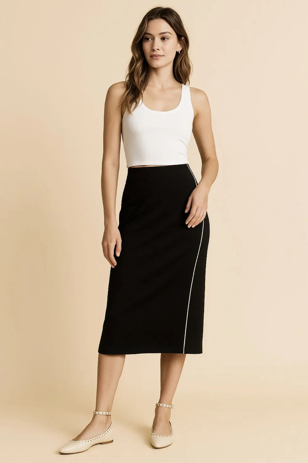 Midi Pencil Skirt with Contrast Piping Detail