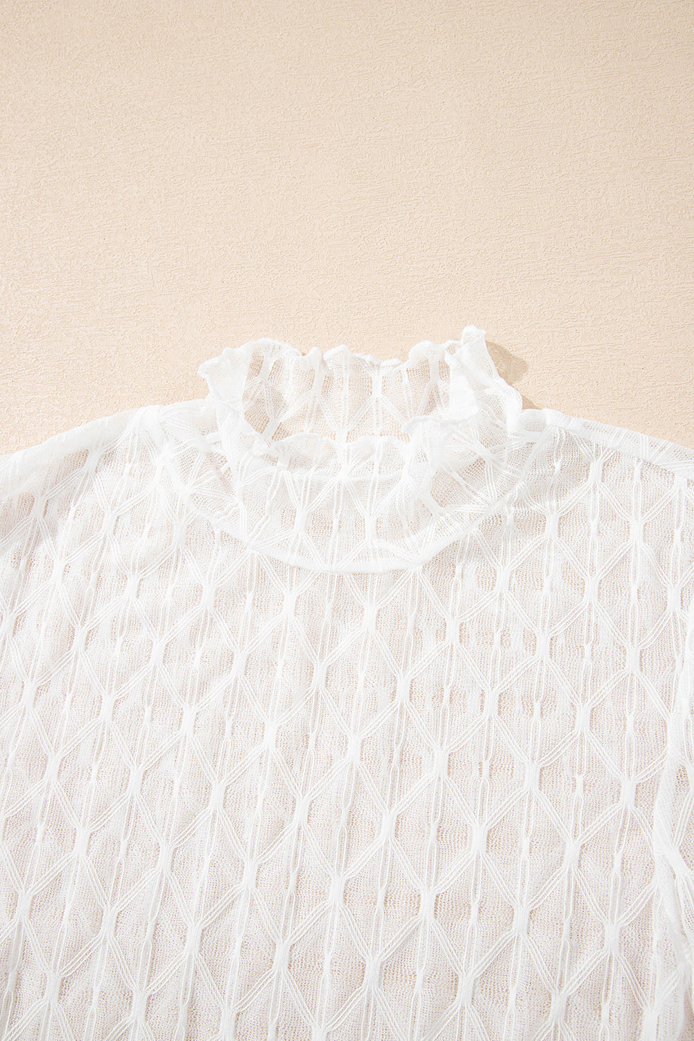 Beige Sheer Mesh Patterned Lettuce Trim Slim Long Sleeve Top