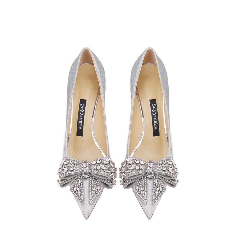 Genuine Leather Rhinestone Silver Bow High Heels See size chart under “more details”