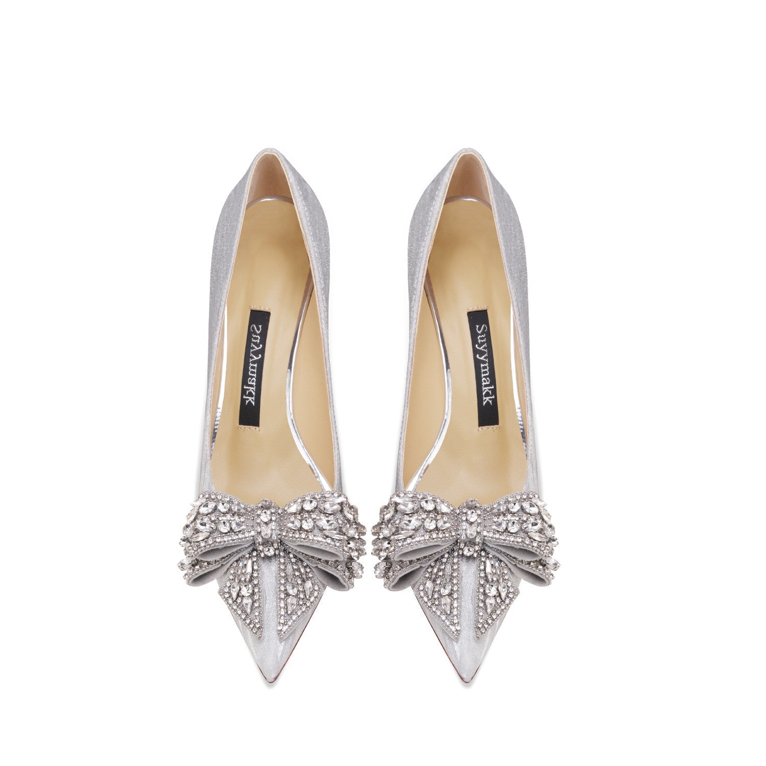 Genuine Leather Rhinestone Silver Bow High Heels See size chart under “more details”