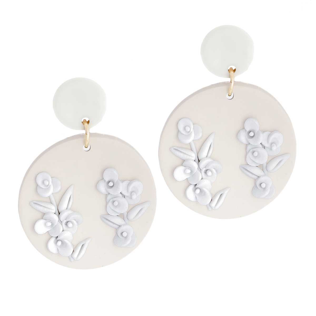 Bridal Round Flower Earrings White Tan Clay Stylish Statement Jewelry