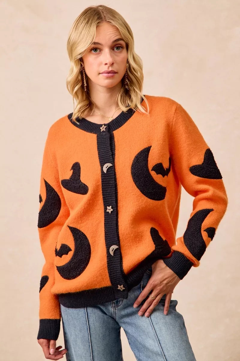 Halloween Witch Hat Moon Bat Artwork Cardigan