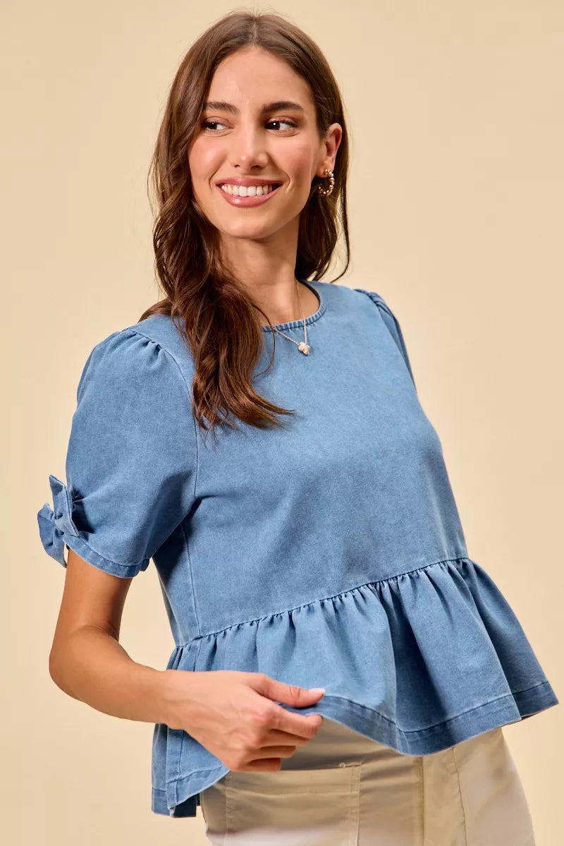 Denim Bow Detail Short Sleeves Peplum Top
