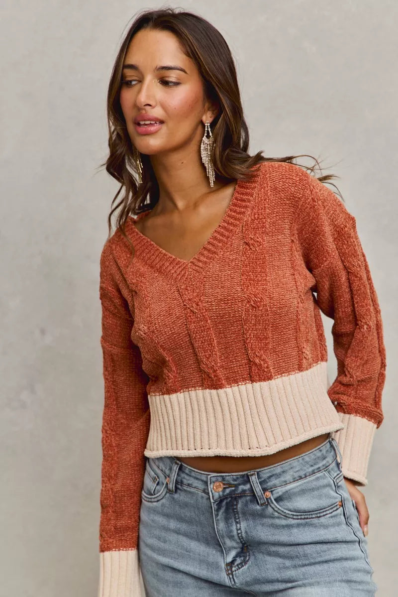 Chenille Cable Knit V Neck Contrast Cropped Sweater