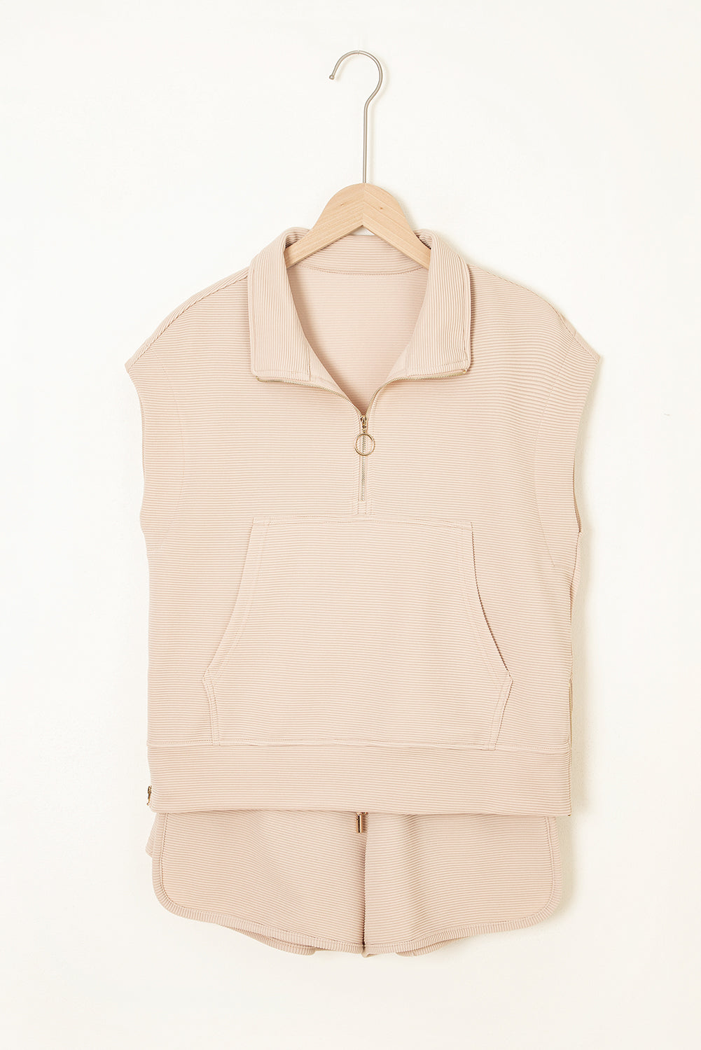 Parchment Textured Half Zip Kangaroo Pocket Top Drawstring Shorts Set