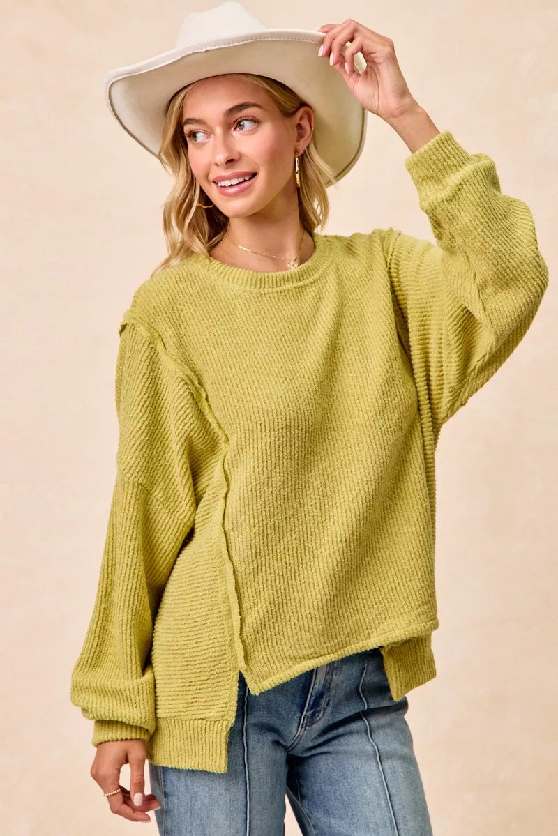 Boucle Rib Knit Uneven Hem Sweater With Open Seam