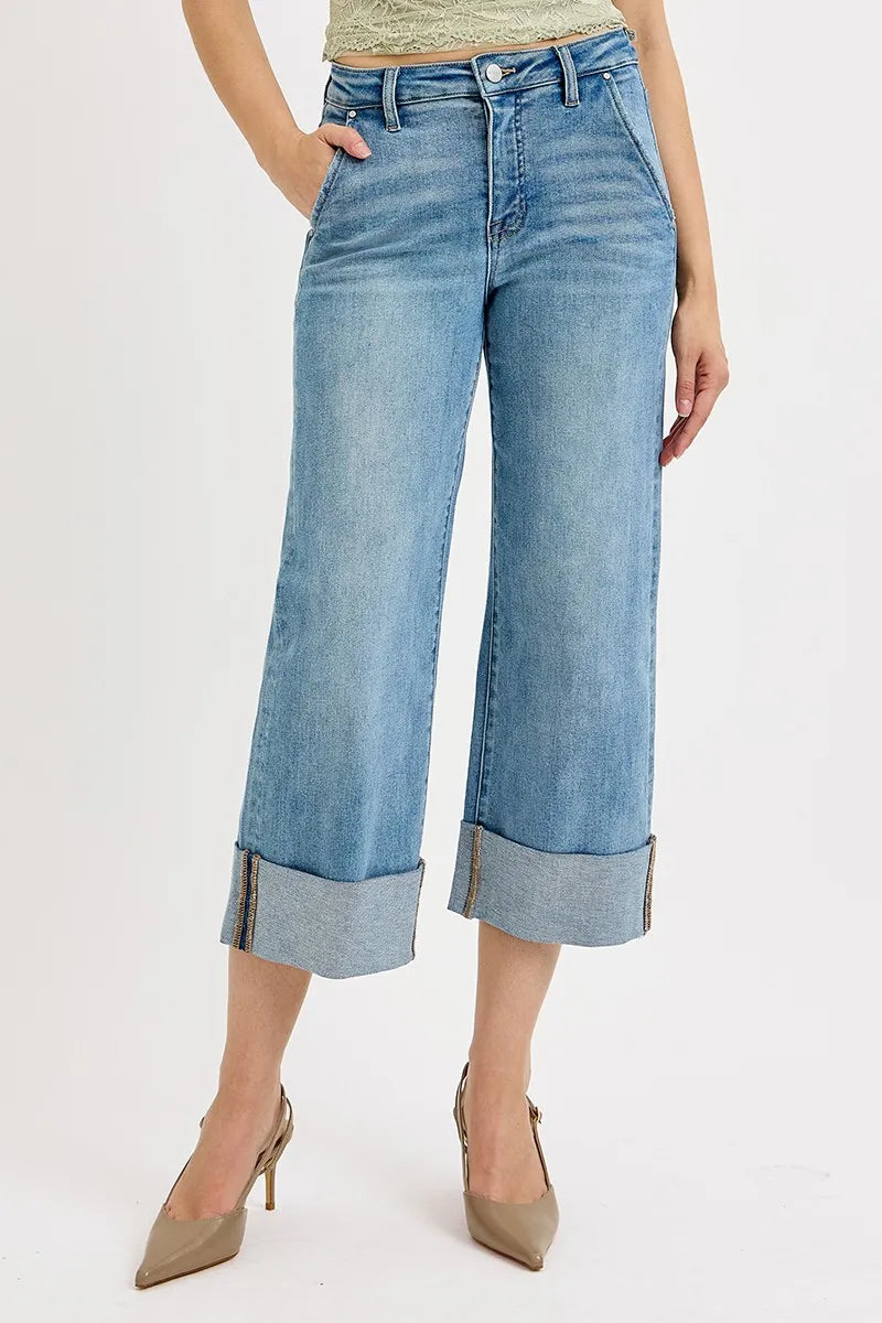 Full Size Tummy Control High Rise Ankle Wide Cuffed Jeans Plus Size