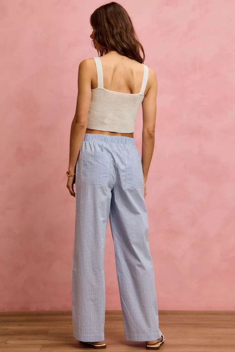 Wide Check Pants With Side Lace Trim And Piping