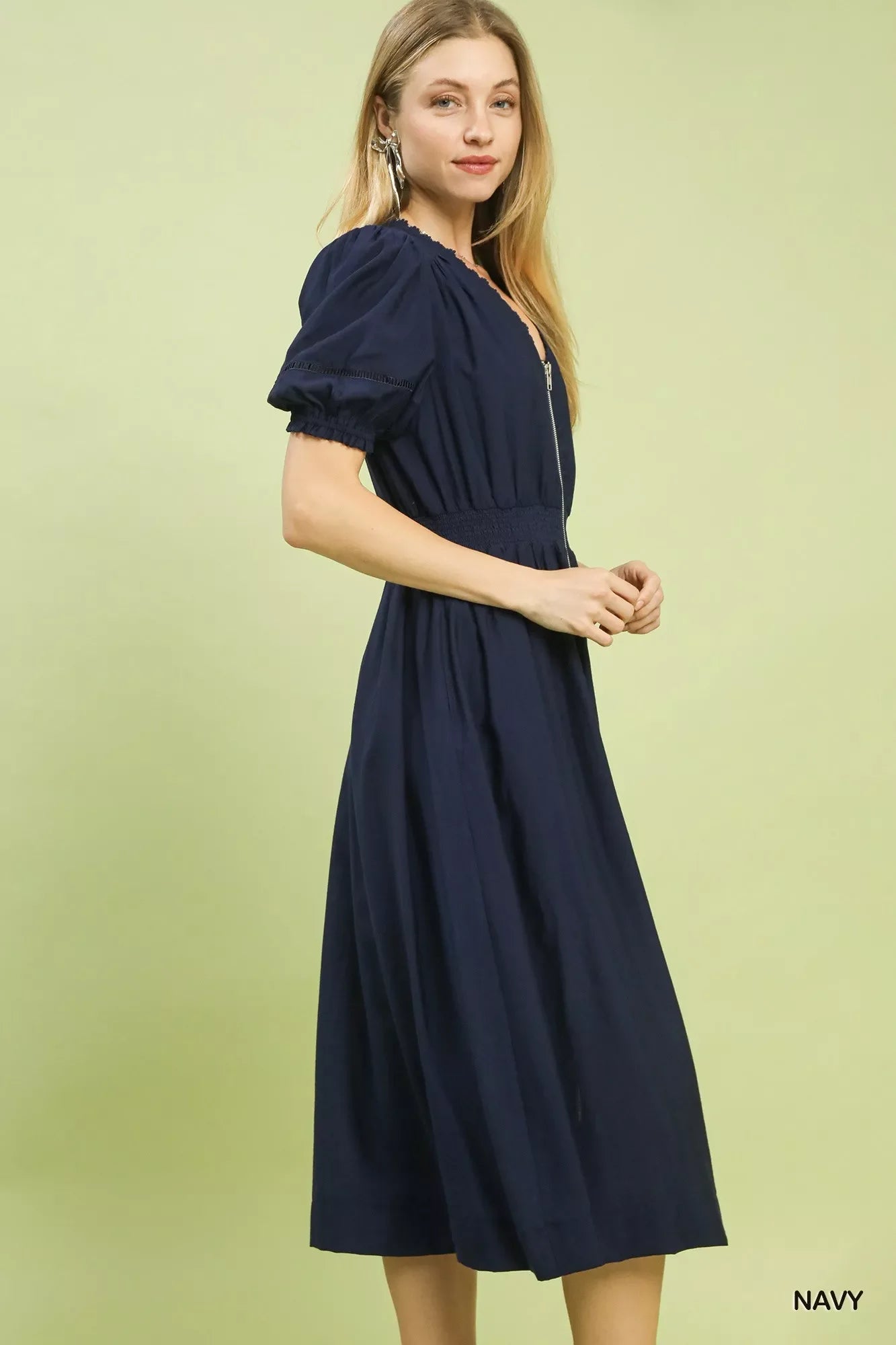 Zip-Front Smocked Waist Midi Dress