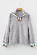 Dark Grey Striped Print Contrast Patchwork Detail Split Neck Blouse