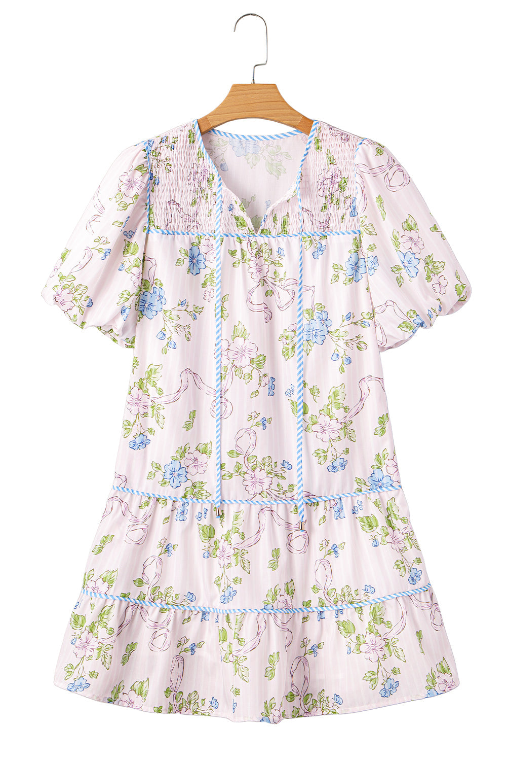Pink Floral Striped Print Contrast Trim Tie Split Neck Mini Dress