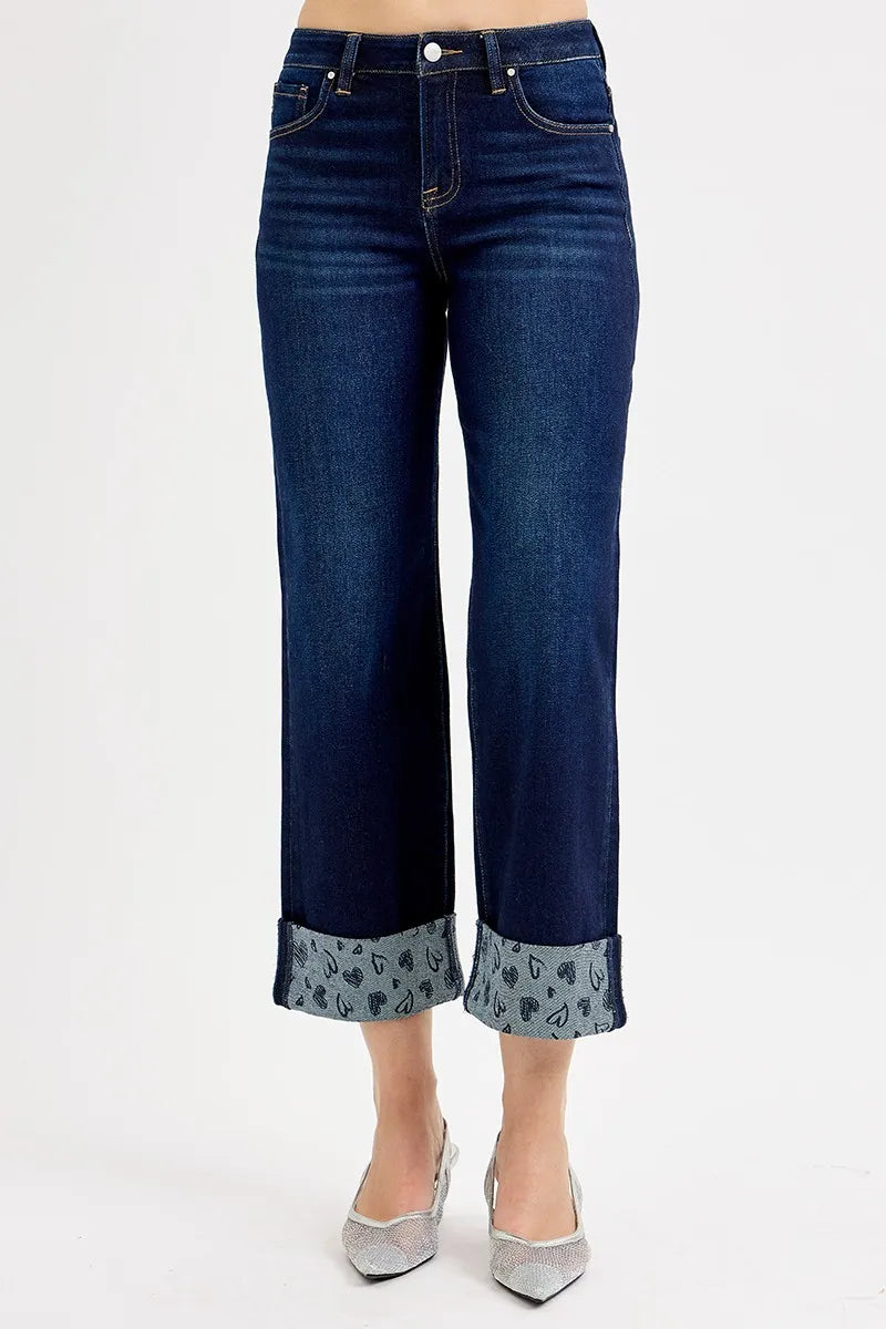 I am a Fashion Junky Full Size Mid Rise Fit Crop Wide With Printed Cuff Jeans Plus Size