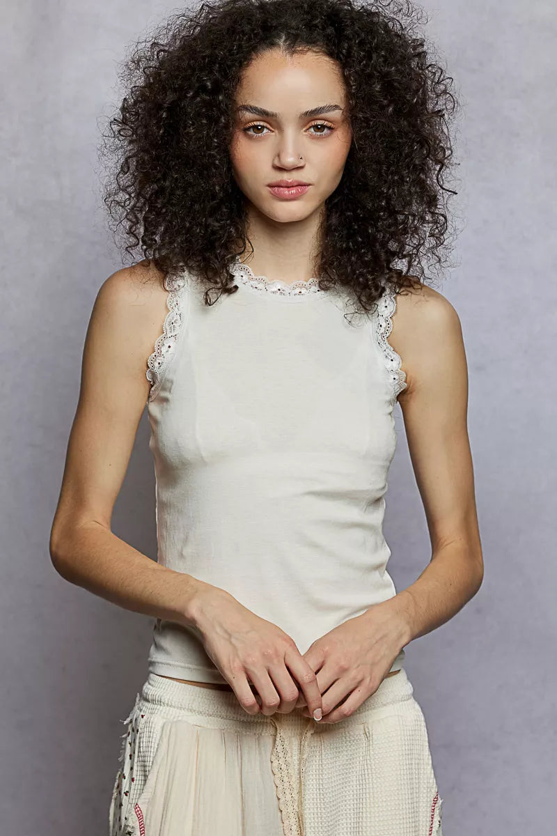 Round Neck Cropped Tank with Lace Trim