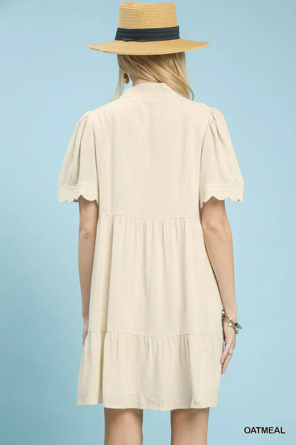 Linen Tiered Babydoll Dress with Scalloped Sleeves