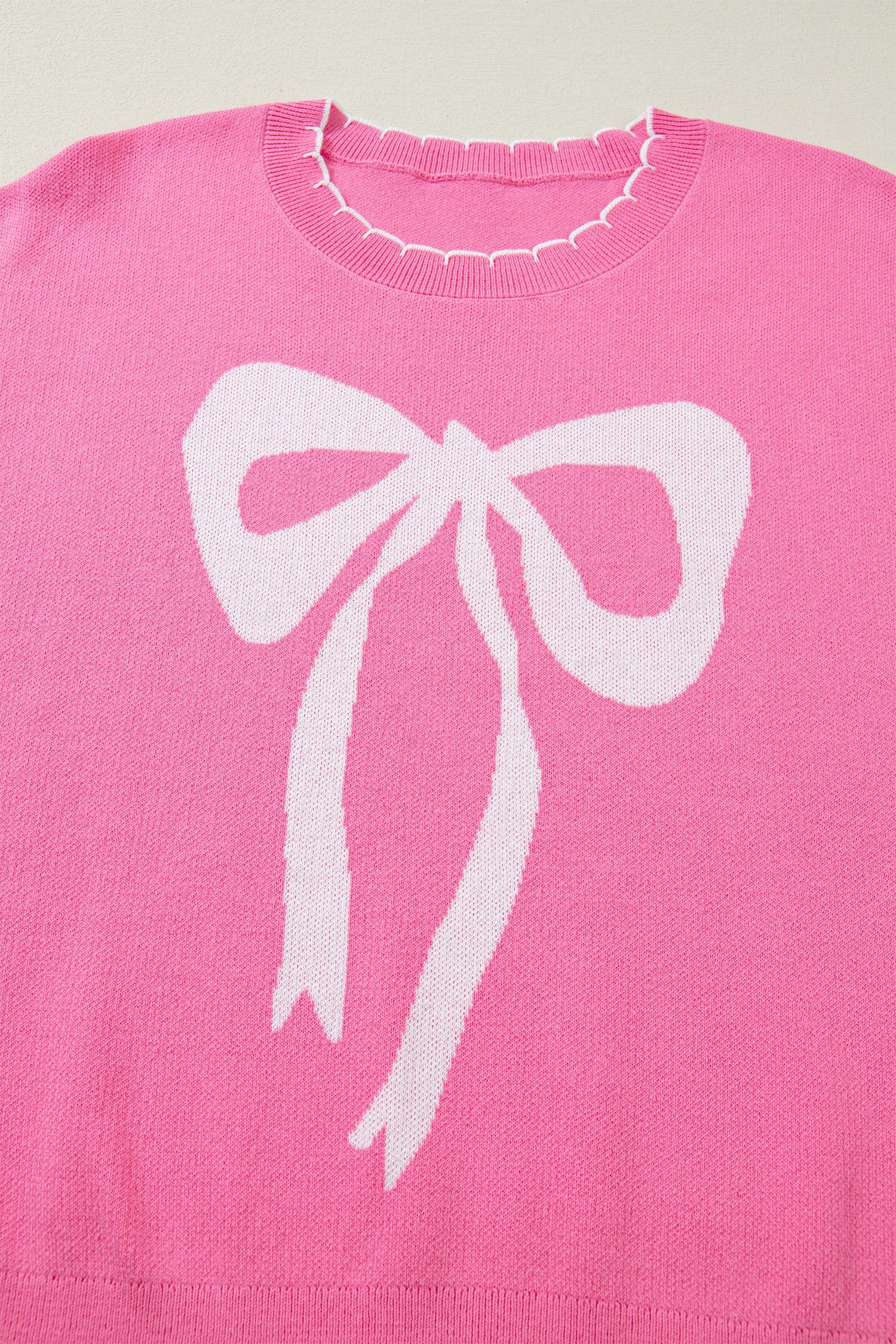 Sachet Pink Big Ribbon Bow Print Contrast Stitch Trim Drop Shoulder Sweater